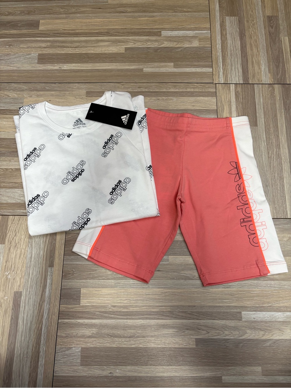 adidas White Tee & Coral Bike Shorts Girls Set